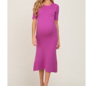 PinkBlush Magenta Rib Knit Flare Maternity Midi Dress